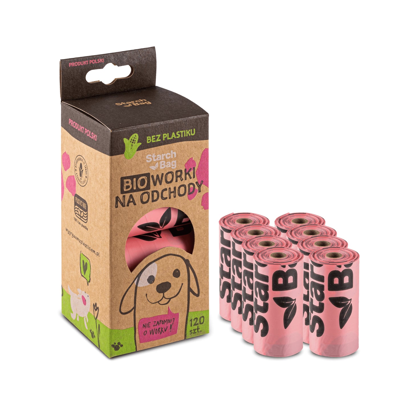 STARCHBAG BIO dog poop bags, 8 rolls - 120 pcs., pink